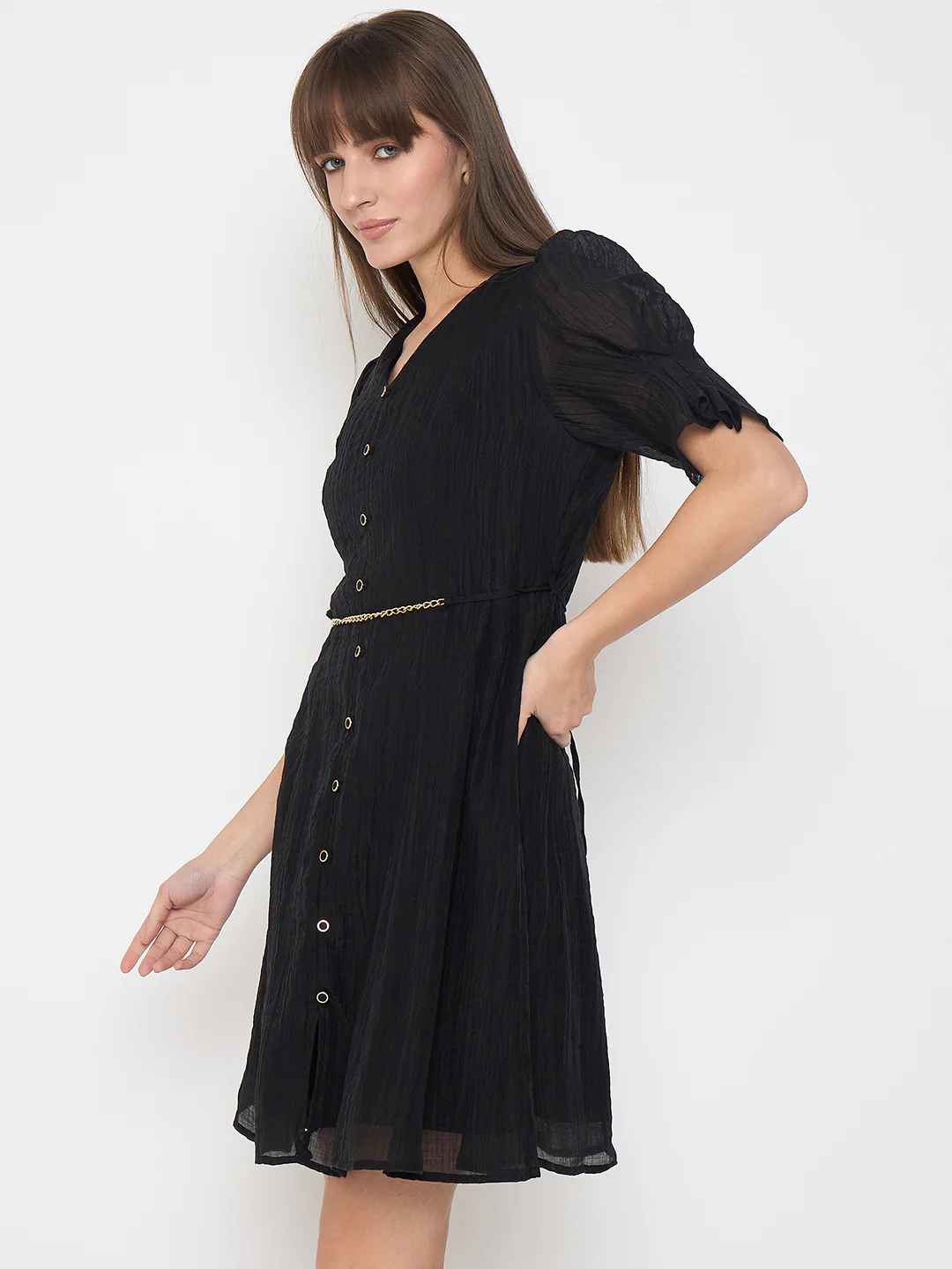Madame Textured Belted Black Mini A Line Dress - Image 5
