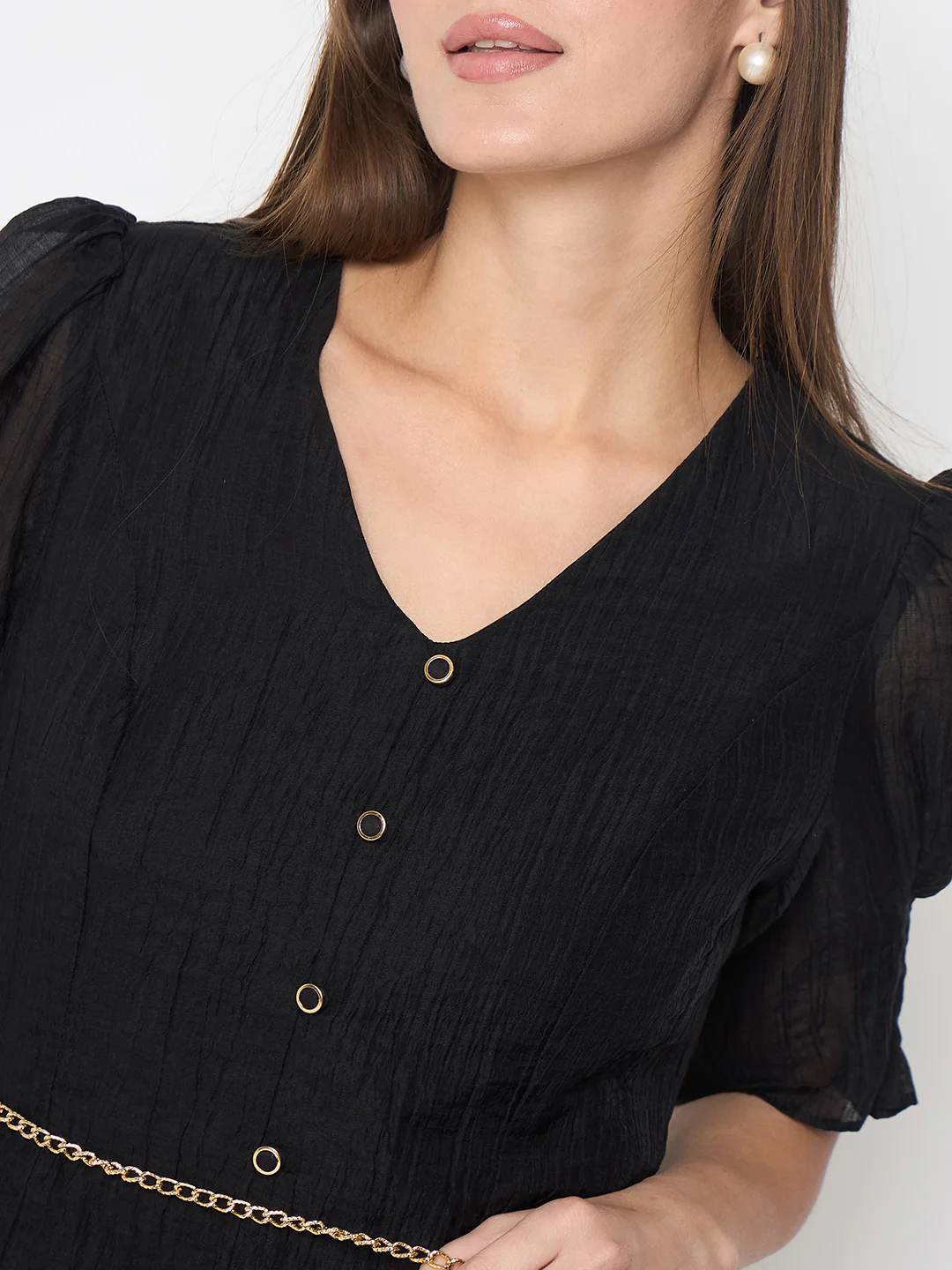 Madame Textured Belted Black Mini A Line Dress - Image 7