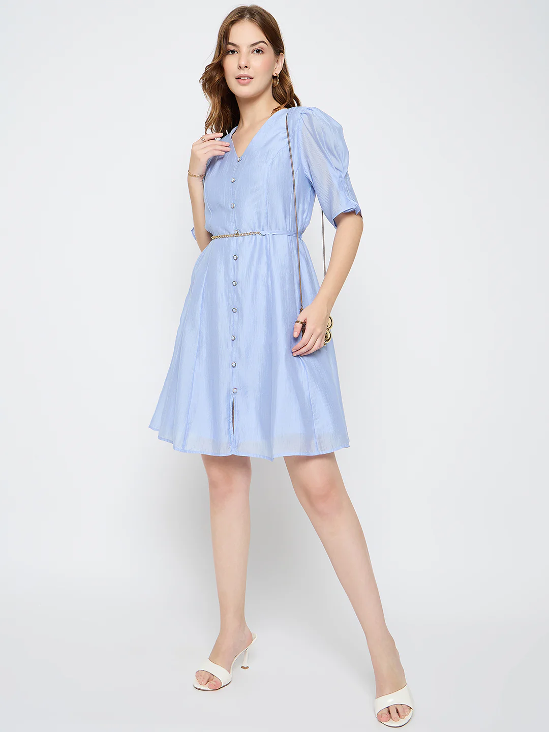 Madame Textured Belted Blue Mini A Line Dress - Image 2