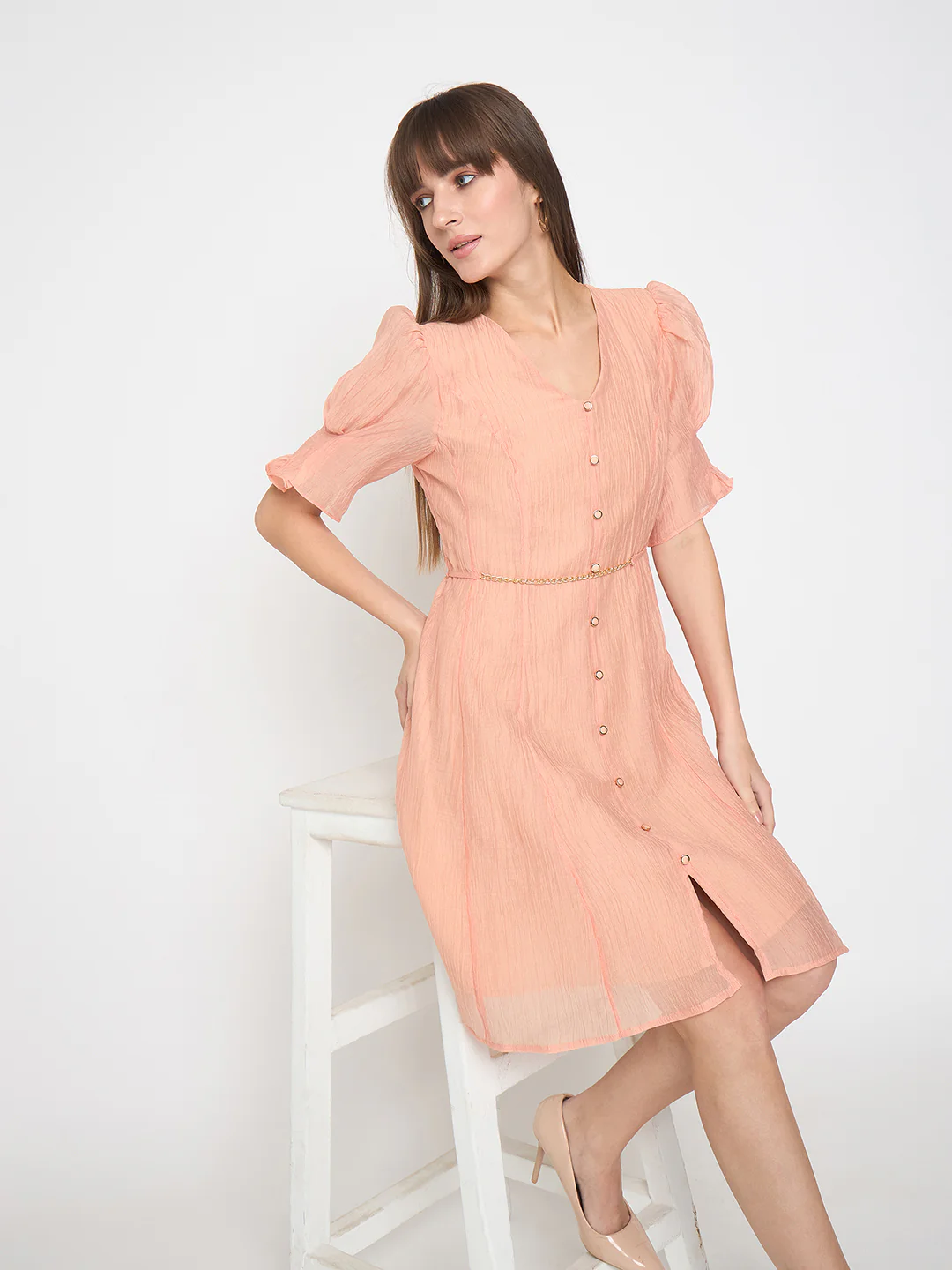 Madame Textured Belted Peach Mini A Line Dress - Image 2