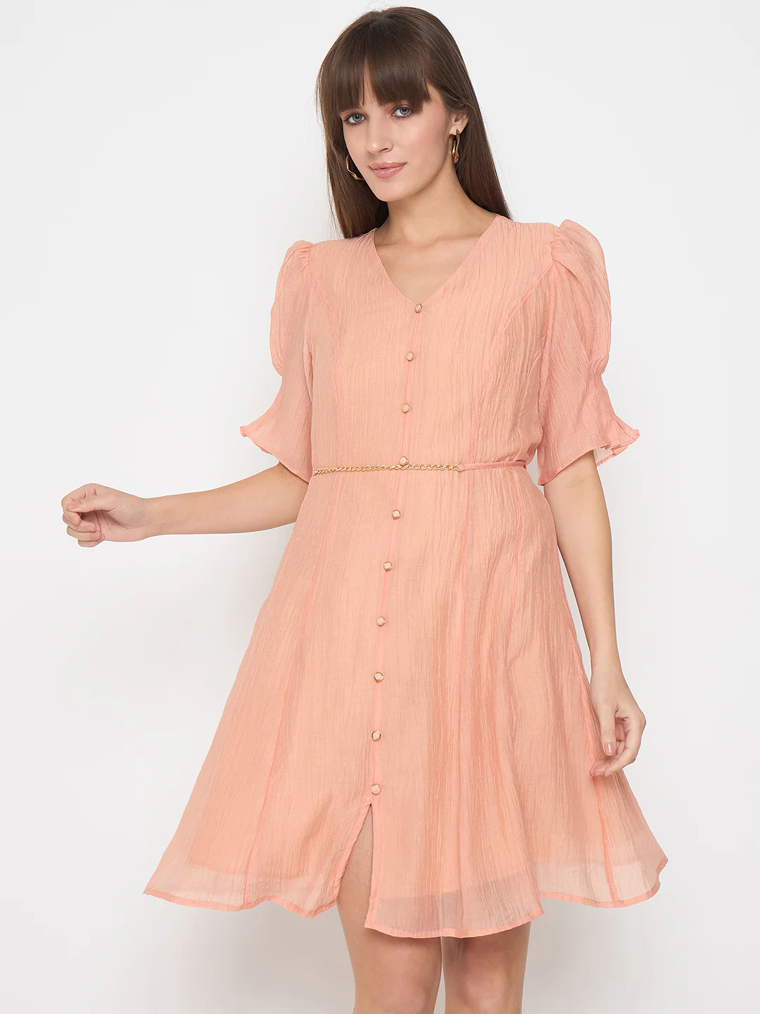 Madame Textured Belted Peach Mini A Line Dress - Image 3