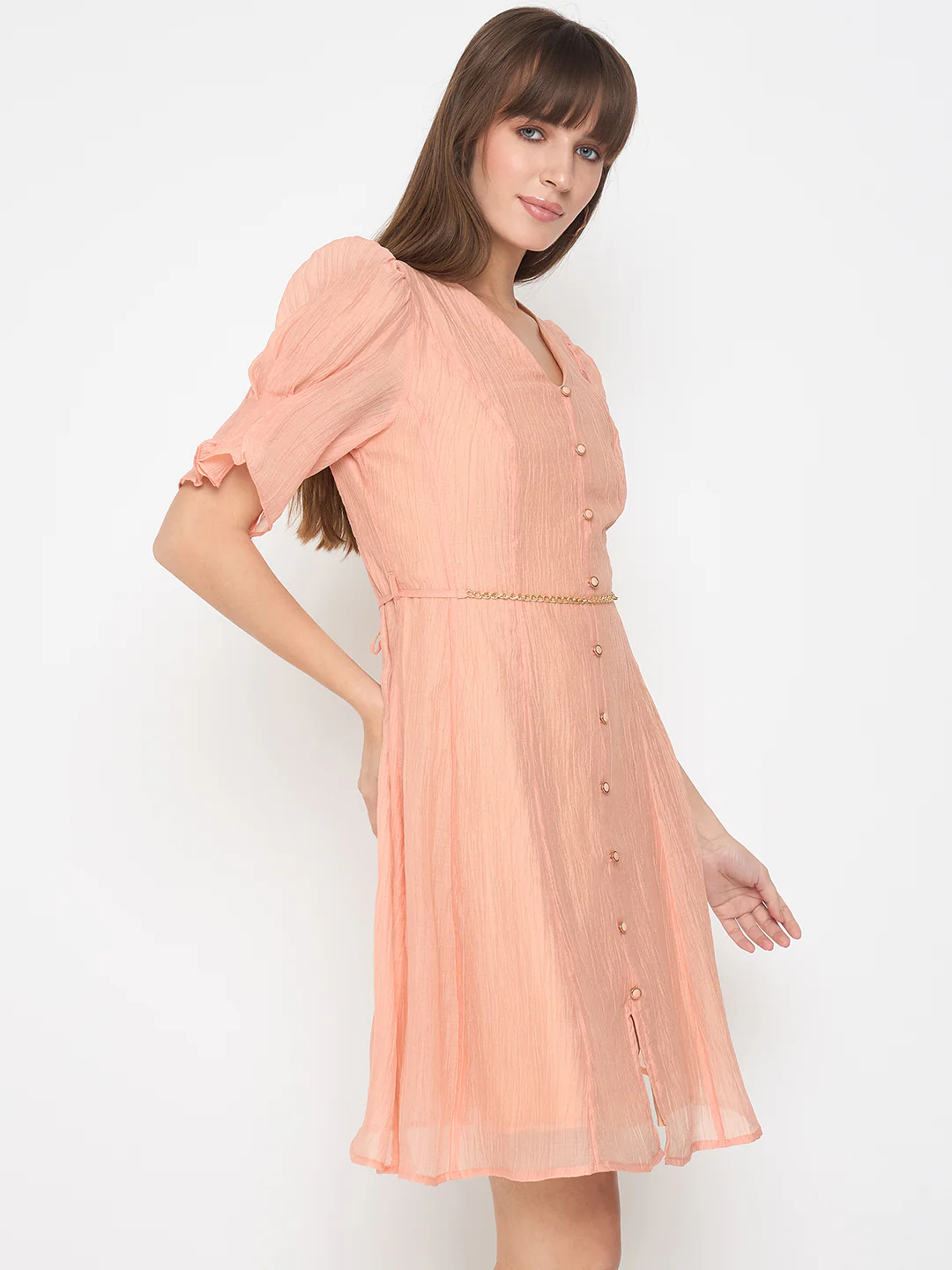 Madame Textured Belted Peach Mini A Line Dress - Image 4
