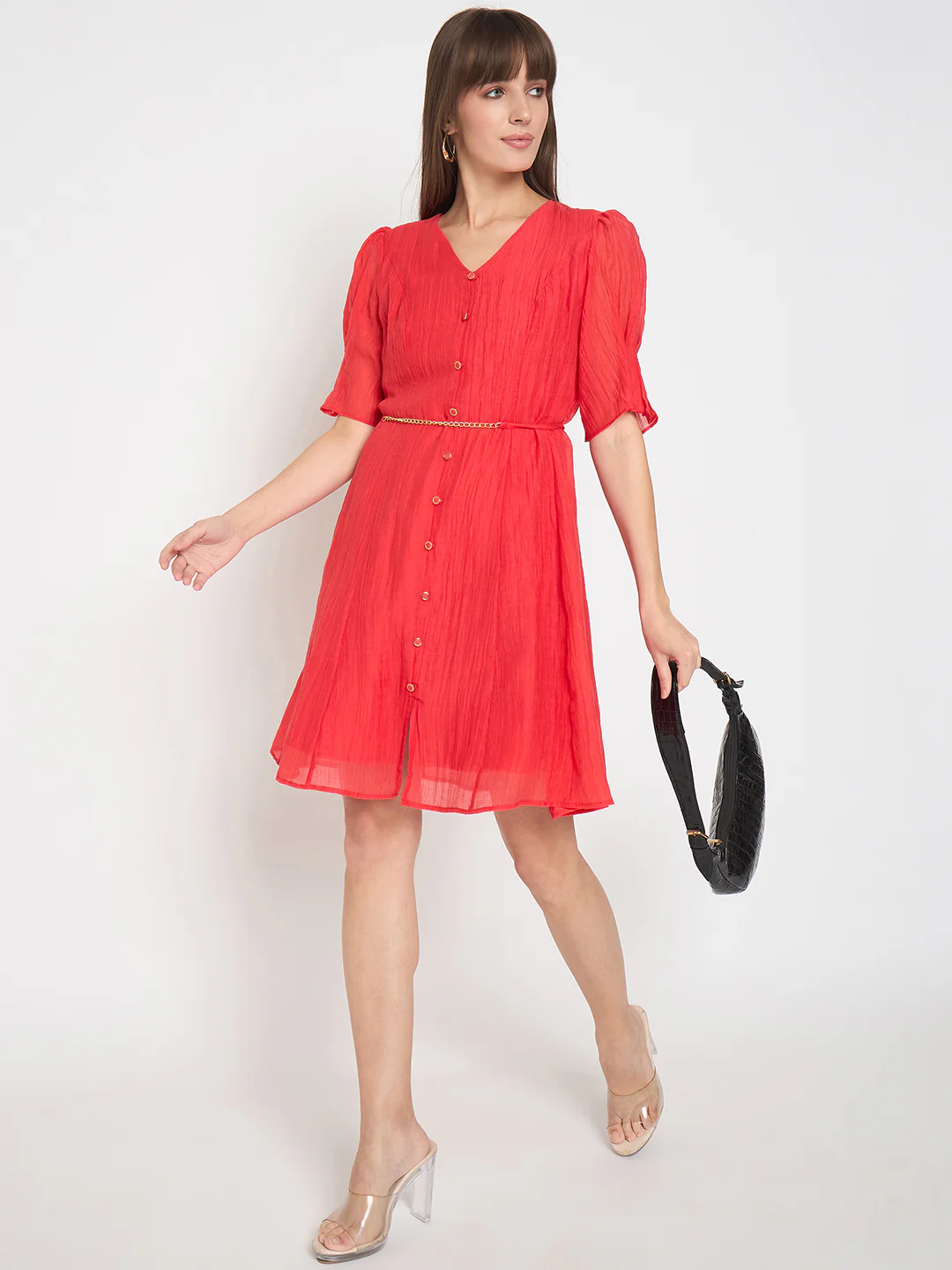 Madame Textured Belted Red Mini A Line Dress