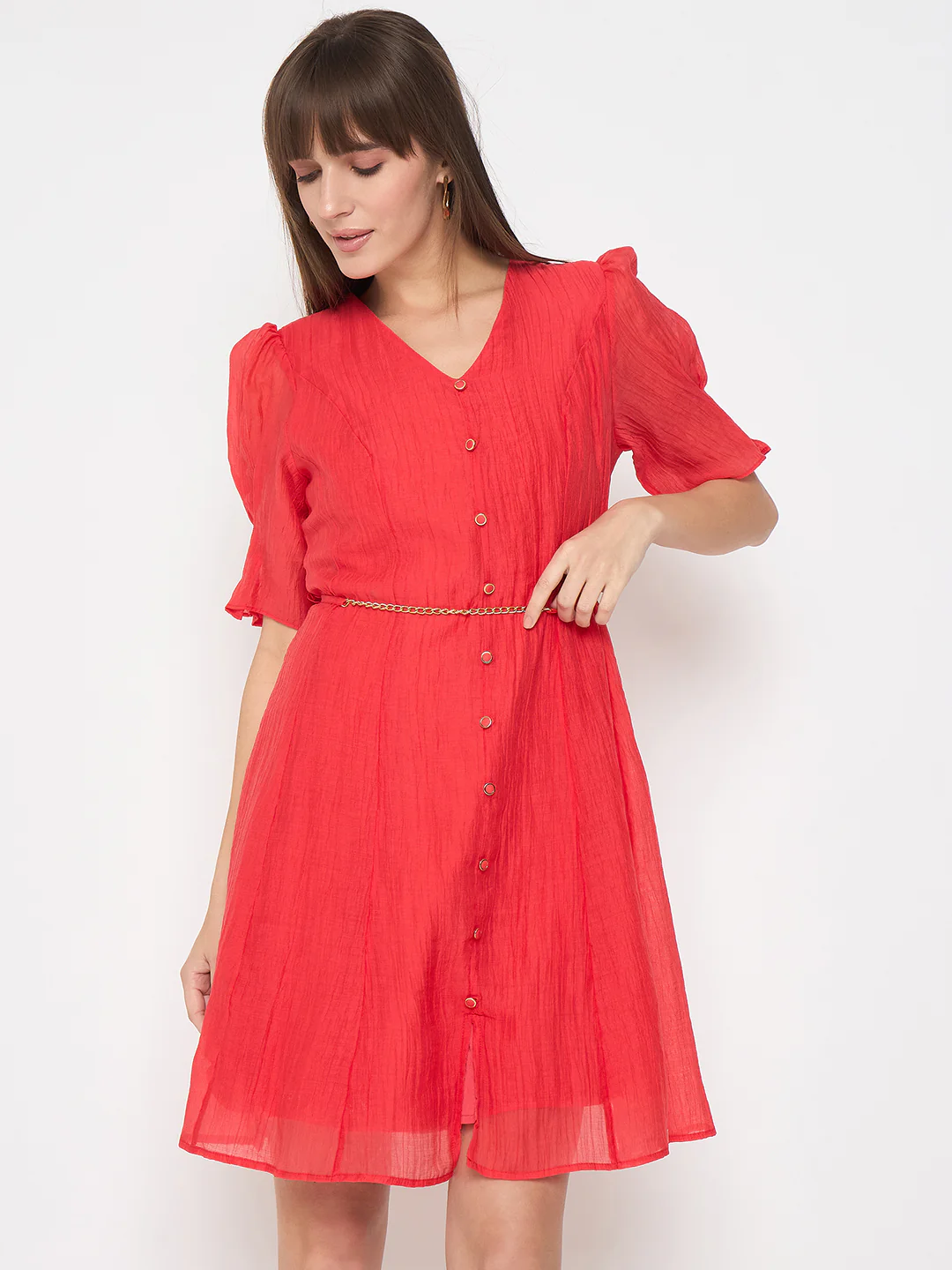 Madame Textured Belted Red Mini A Line Dress - Image 3