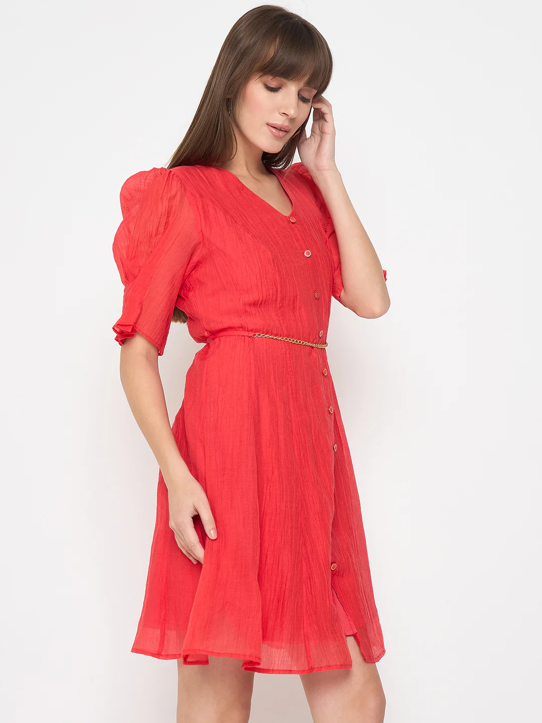 Madame Textured Belted Red Mini A Line Dress - Image 4