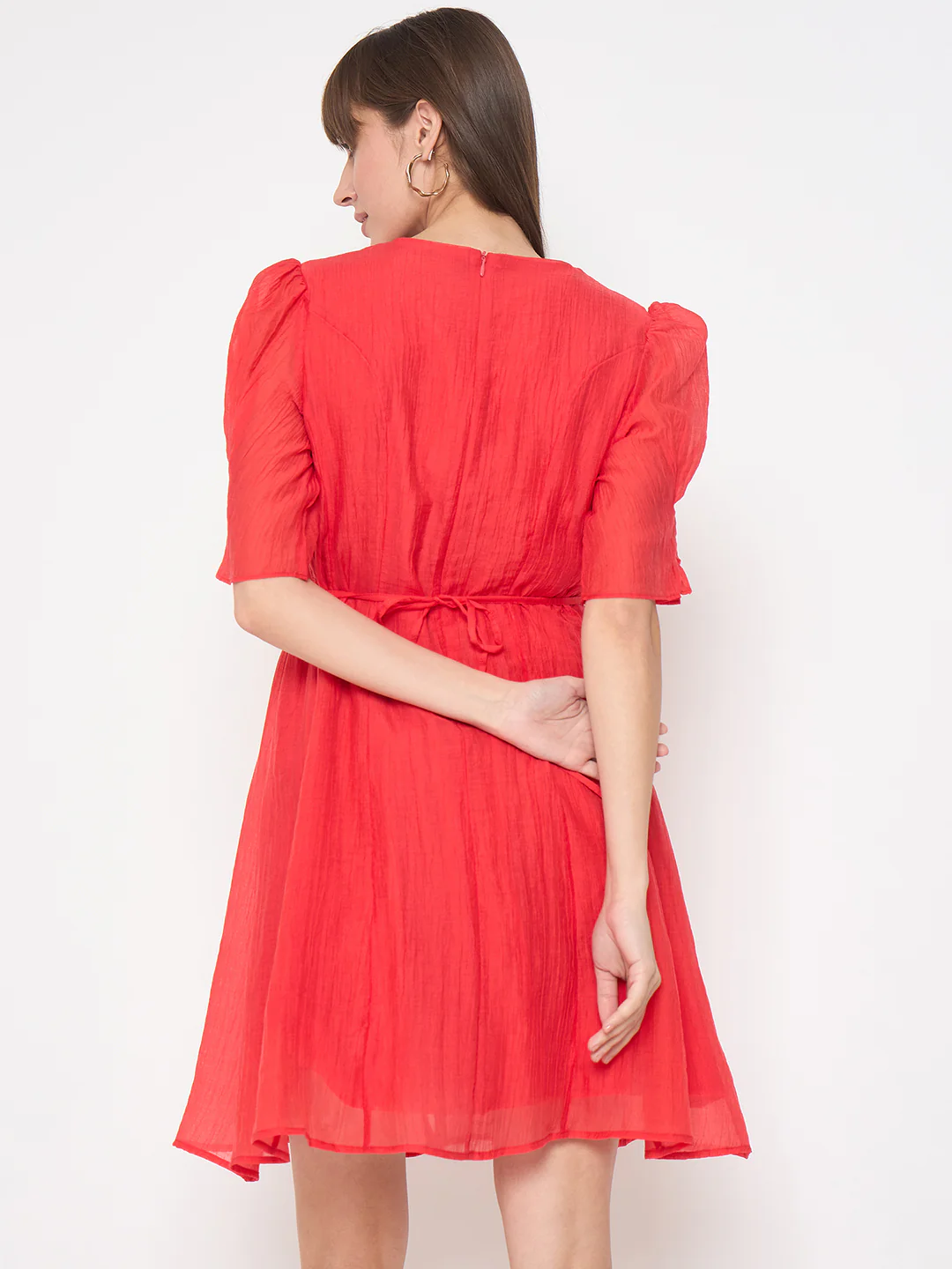 Madame Textured Belted Red Mini A Line Dress - Image 6