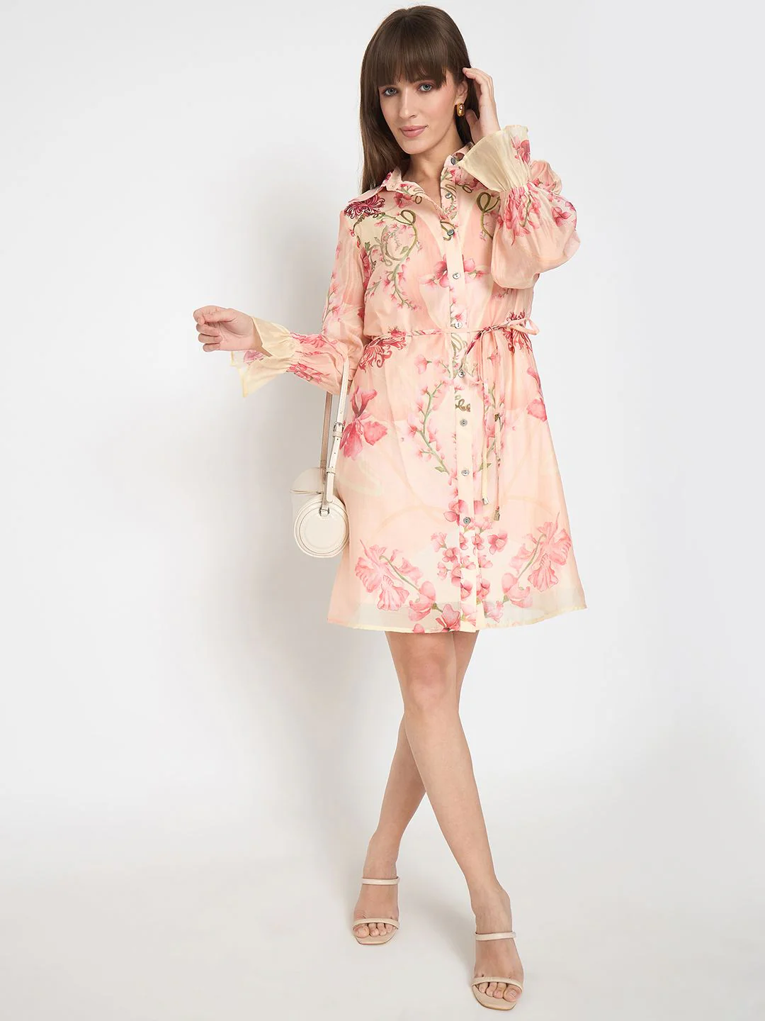 Madame Floral Print Peach Midi Shirt Dress - Image 2