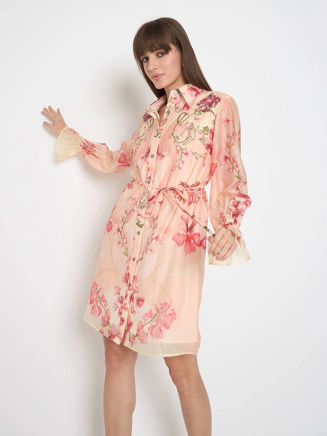 Madame Floral Print Peach Midi Shirt Dress - Image 3