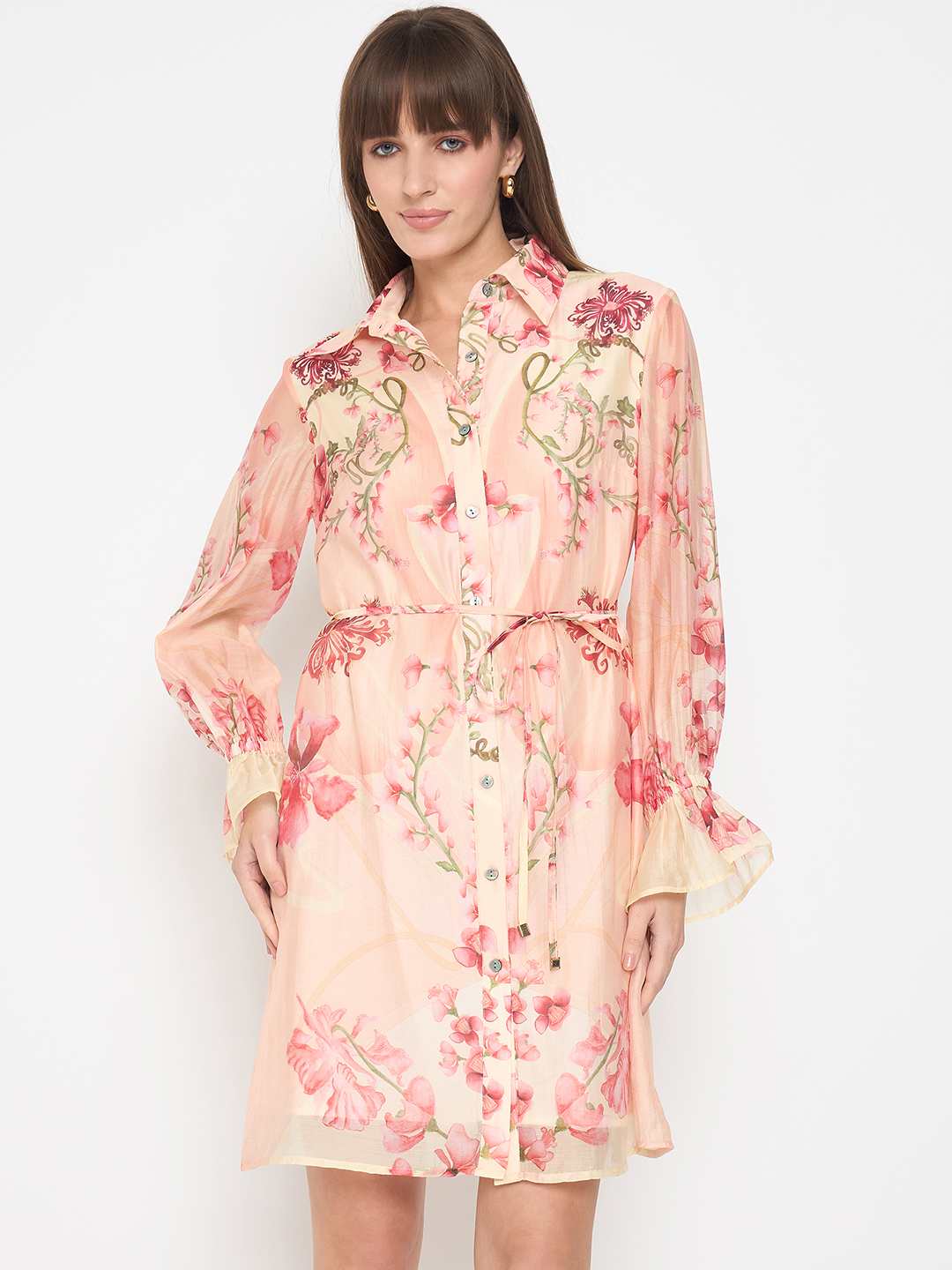 Madame Floral Print Peach Midi Shirt Dress - Image 4