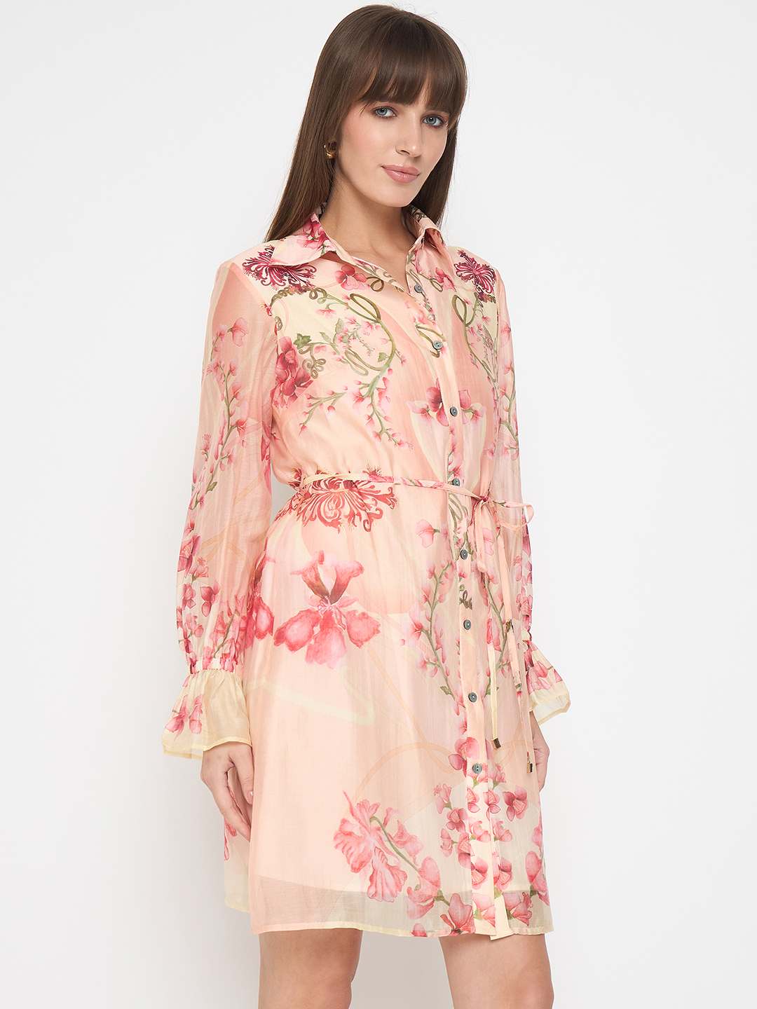 Madame Floral Print Peach Midi Shirt Dress - Image 5