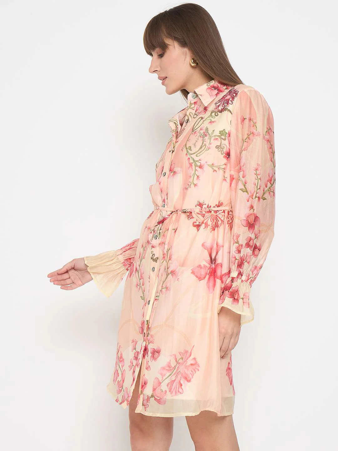 Madame Floral Print Peach Midi Shirt Dress - Image 6