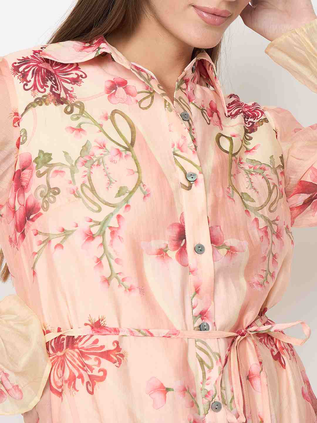 Madame Floral Print Peach Midi Shirt Dress - Image 7