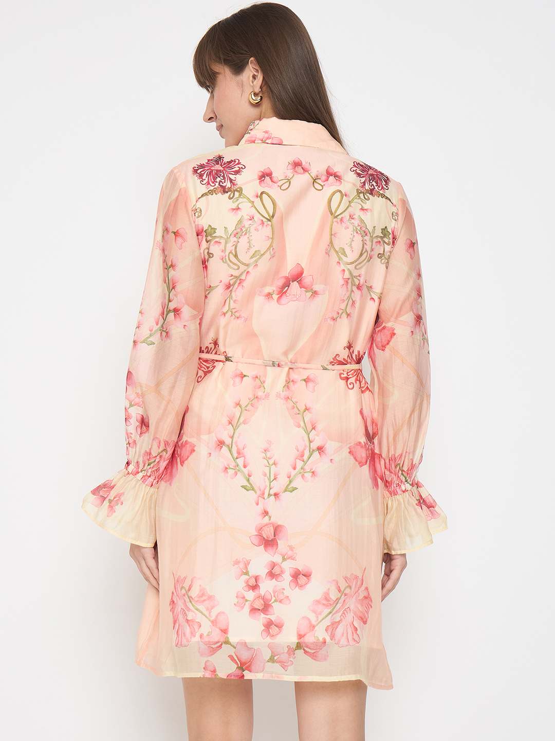 Madame Floral Print Peach Midi Shirt Dress - Image 8