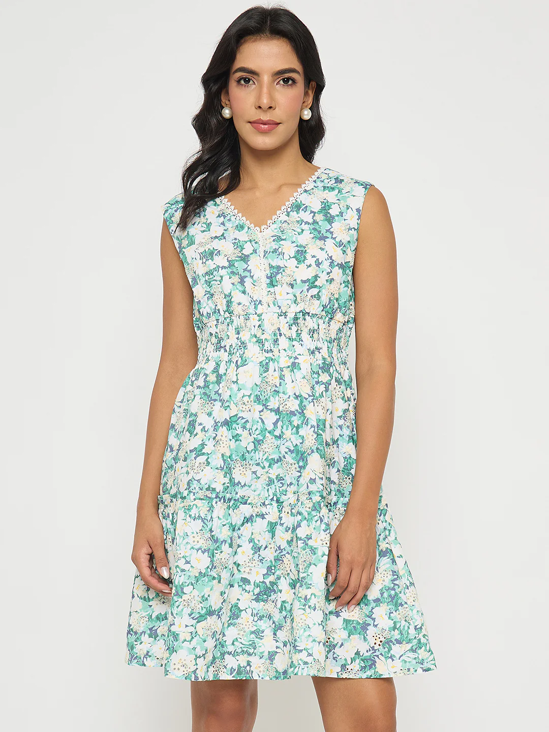 Madame Floral Print Smocked White Fit and Flare Mini Dress - Image 3