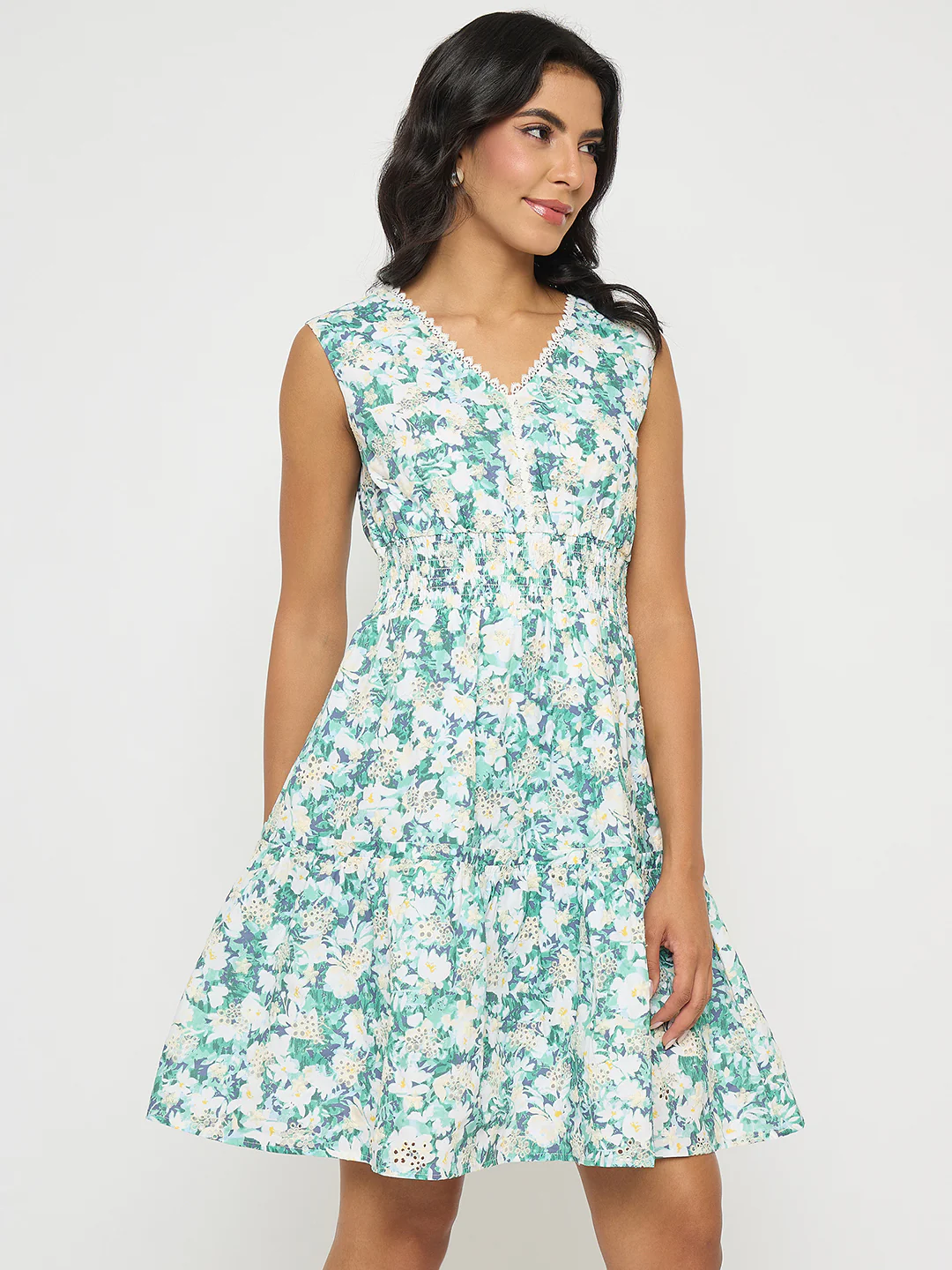 Madame Floral Print Smocked White Fit and Flare Mini Dress - Image 4
