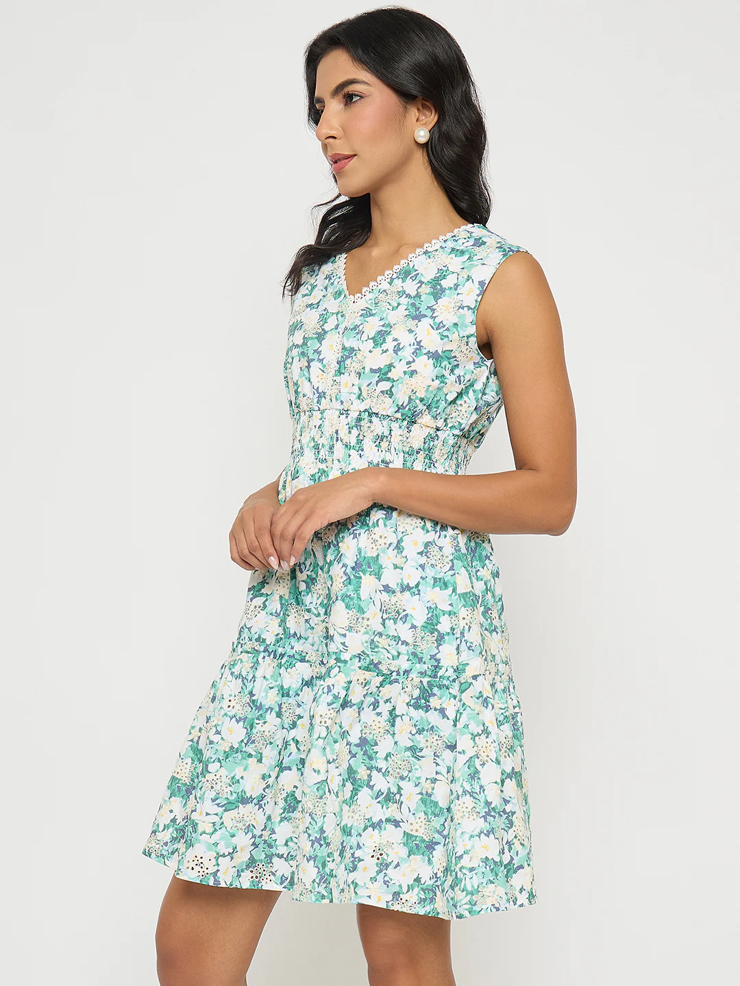 Madame Floral Print Smocked White Fit and Flare Mini Dress - Image 5