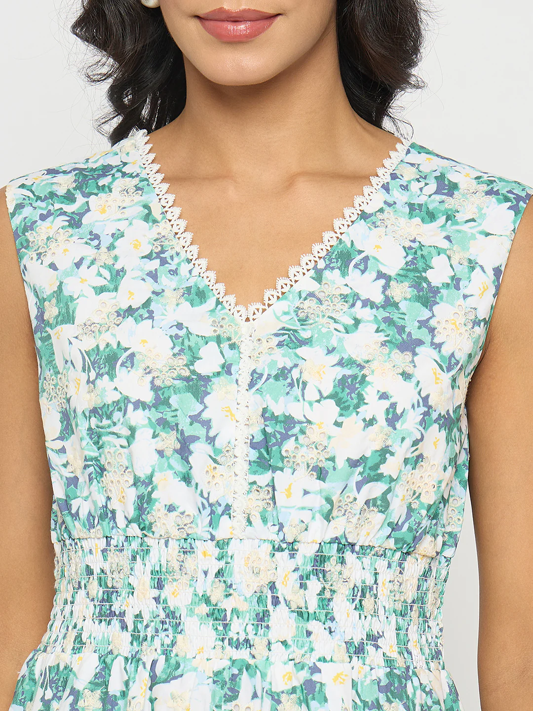 Madame Floral Print Smocked White Fit and Flare Mini Dress - Image 7