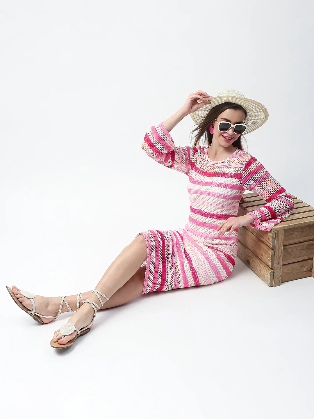 Madame Striped Crochet Knit Pink Sheath Midi Dress - Image 2