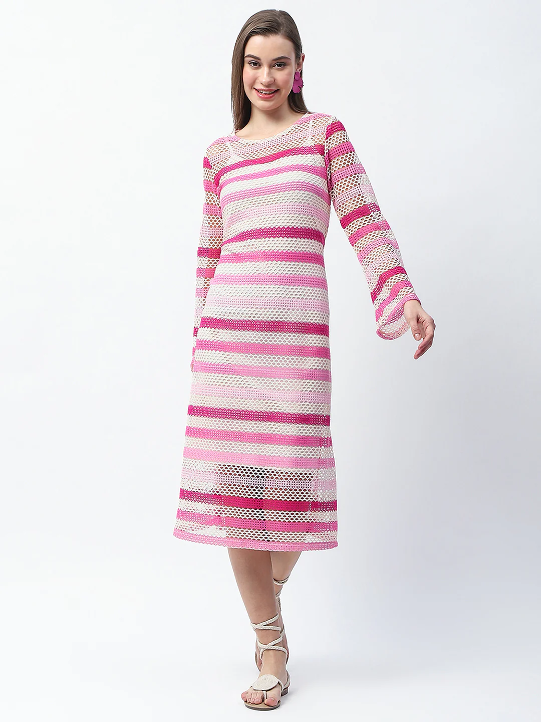 Madame Striped Crochet Knit Pink Sheath Midi Dress - Image 4