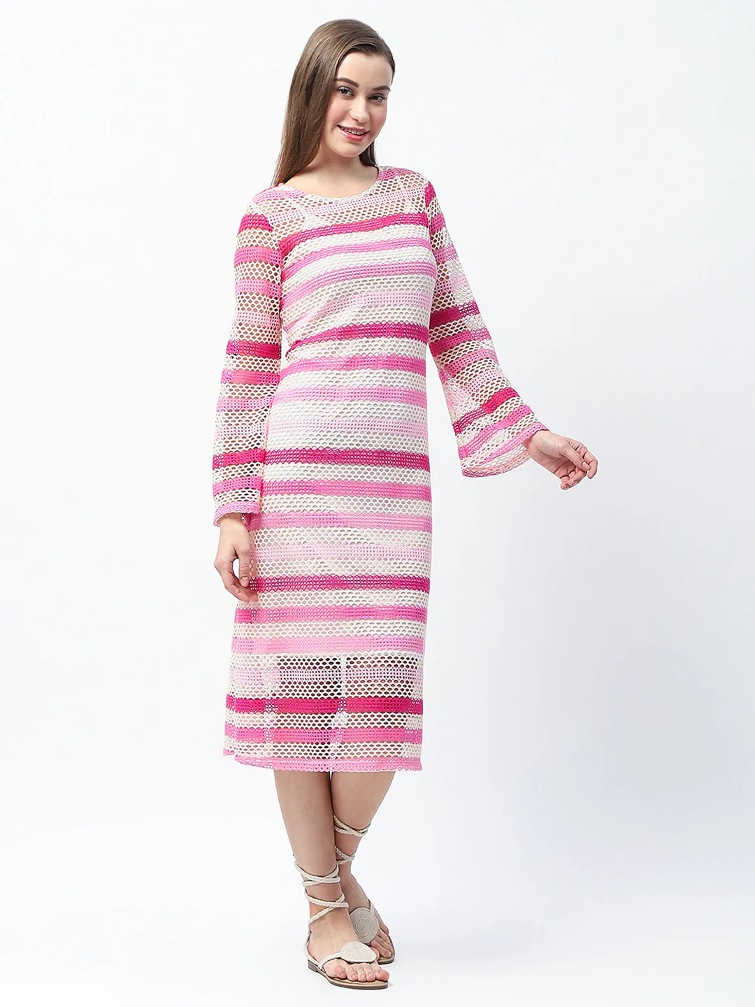 Madame Striped Crochet Knit Pink Sheath Midi Dress - Image 5