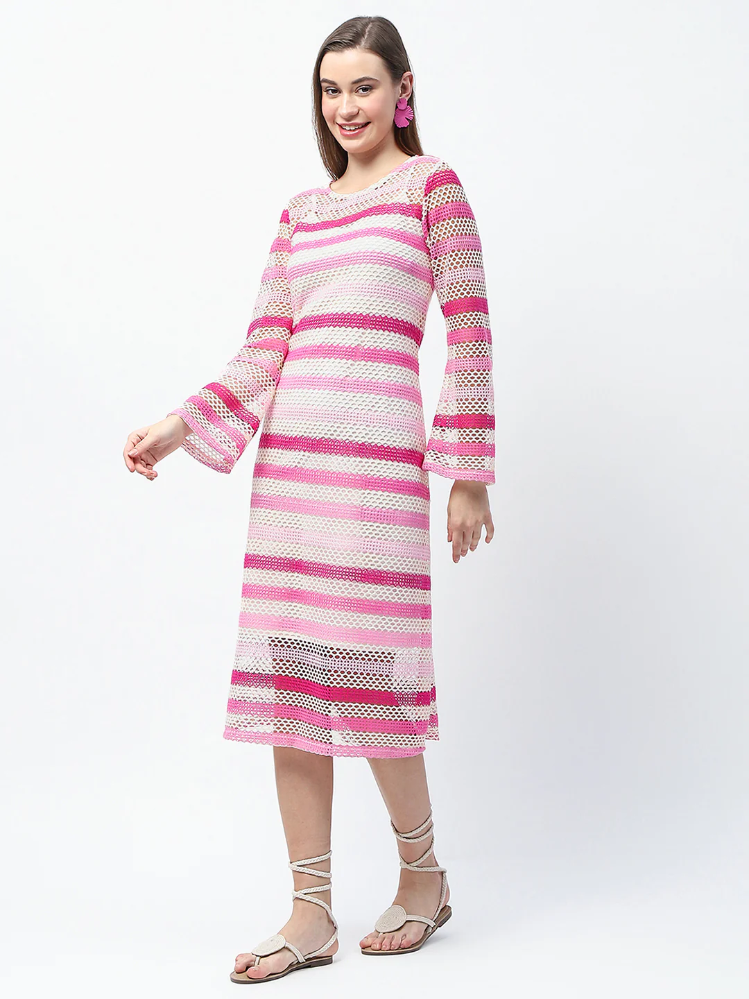 Madame Striped Crochet Knit Pink Sheath Midi Dress - Image 6