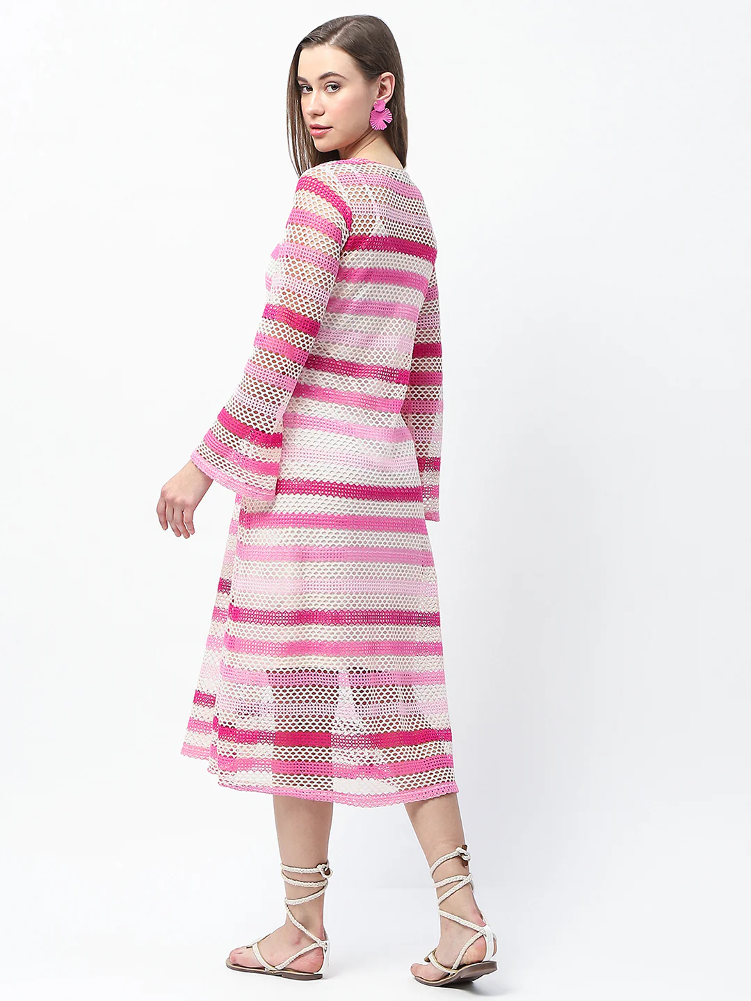 Madame Striped Crochet Knit Pink Sheath Midi Dress - Image 7