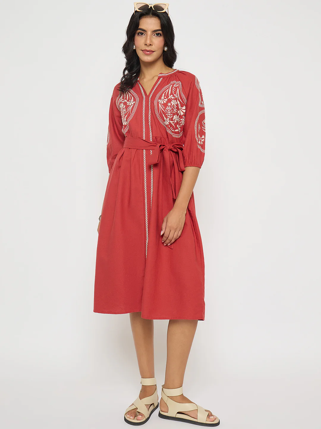 Madame Embroidered Belted A Line Midi Coral Dress
