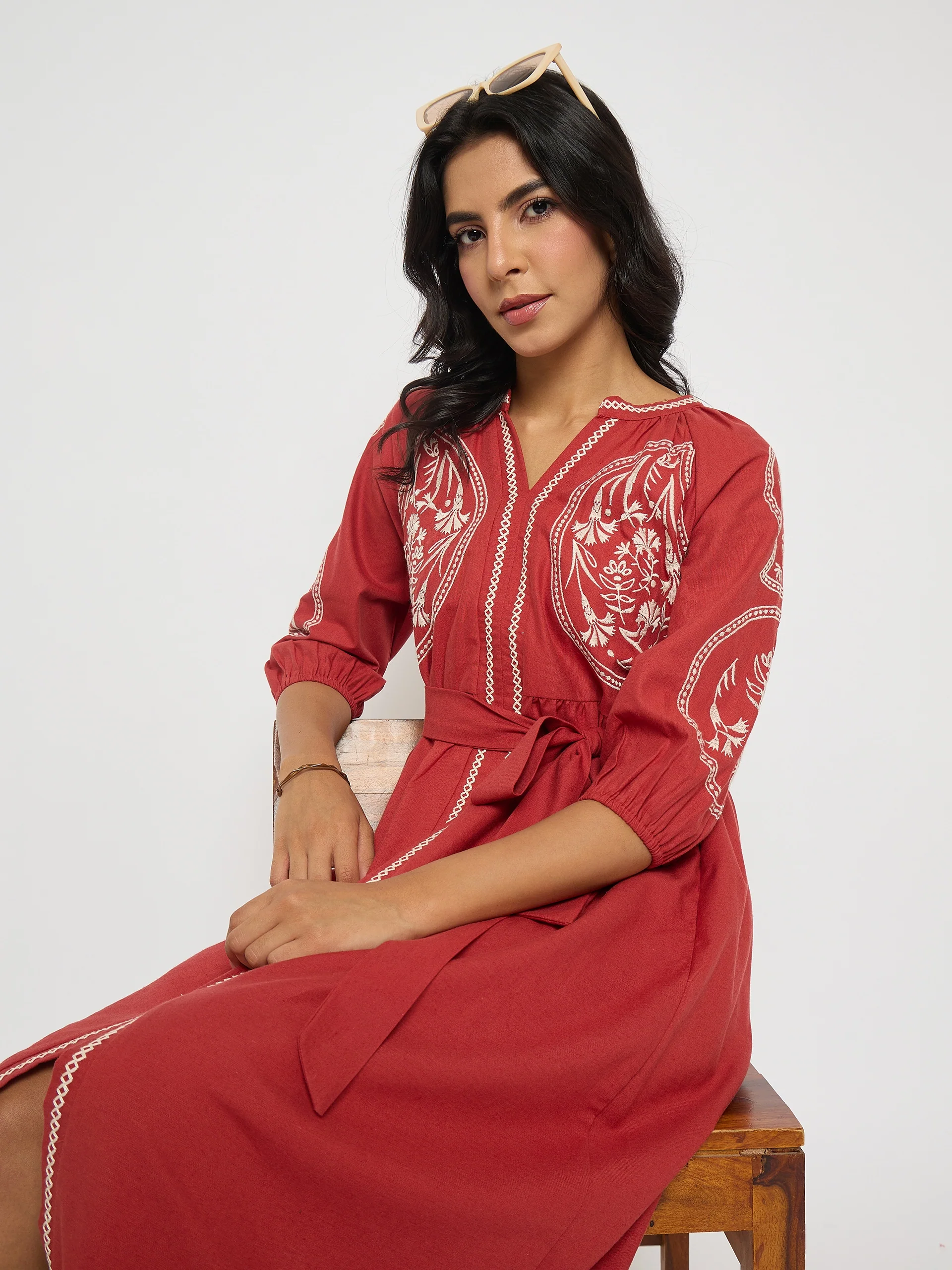 Madame Embroidered Belted A Line Midi Coral Dress - Image 2
