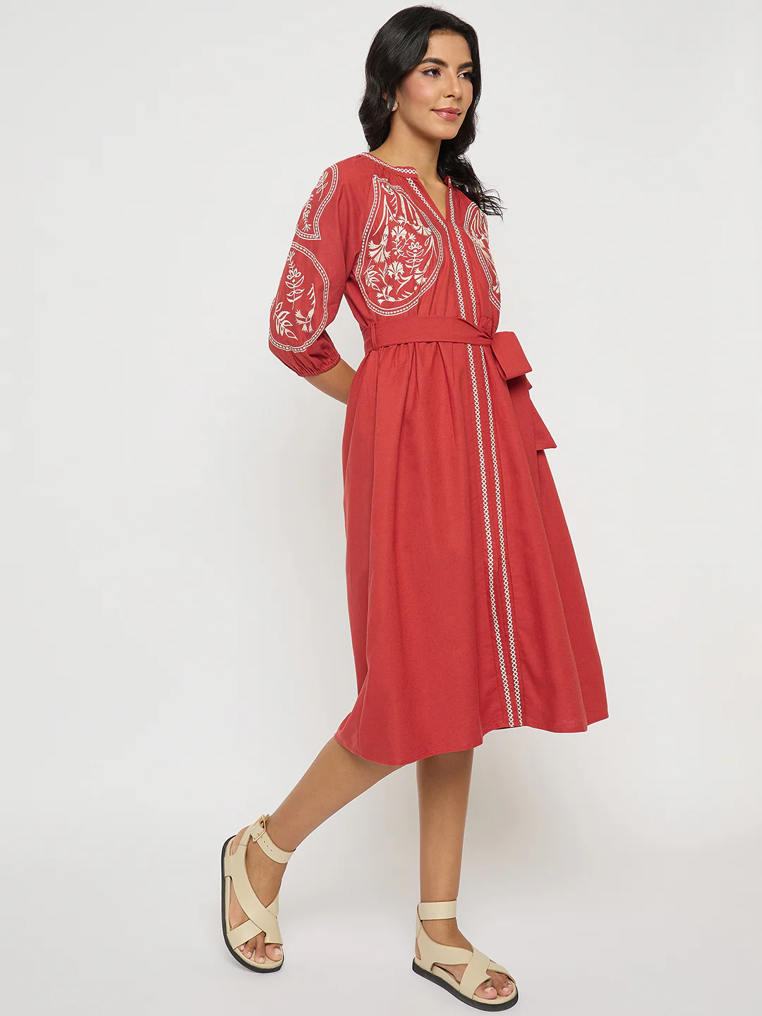 Madame Embroidered Belted A Line Midi Coral Dress - Image 4