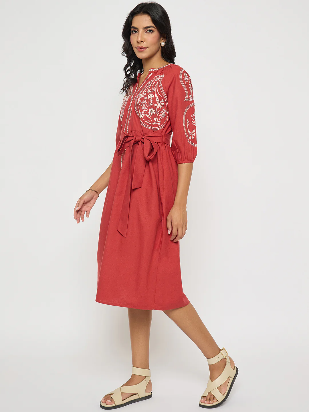 Madame Embroidered Belted A Line Midi Coral Dress - Image 5