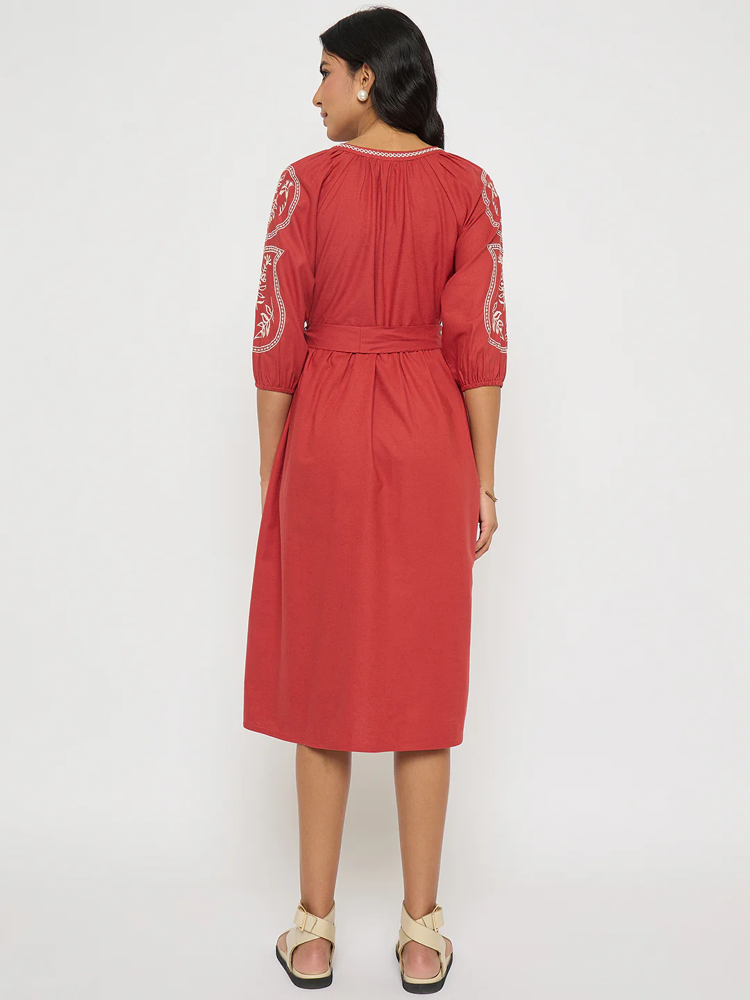 Madame Embroidered Belted A Line Midi Coral Dress - Image 6