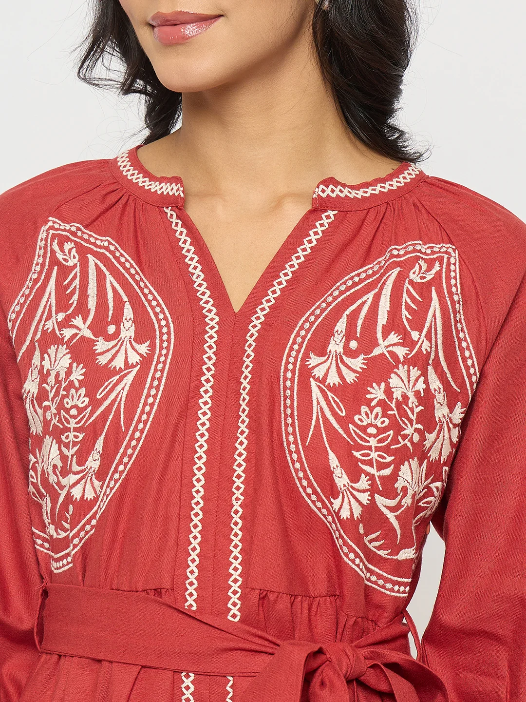 Madame Embroidered Belted A Line Midi Coral Dress - Image 7