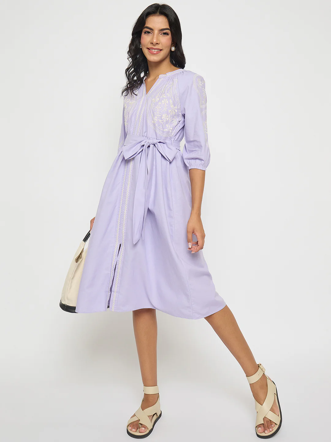 Madame Embroidered Belted A Line Midi Mauve Dress