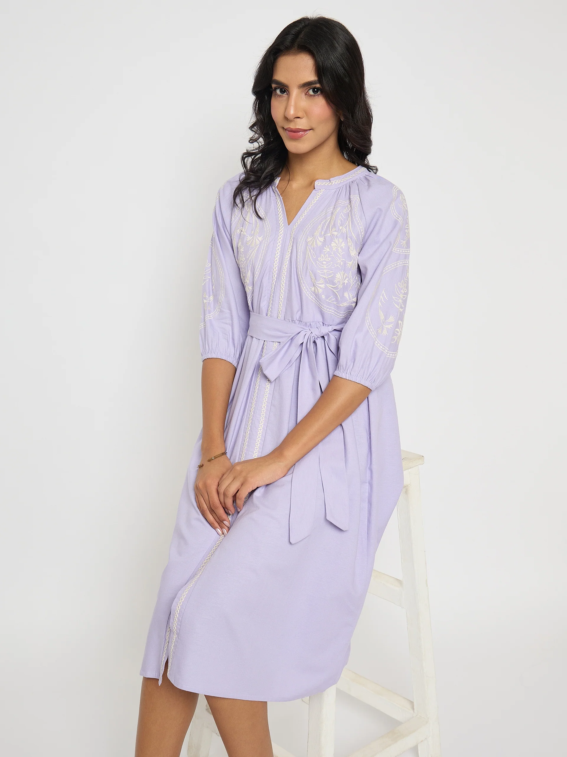 Madame Embroidered Belted A Line Midi Mauve Dress - Image 2
