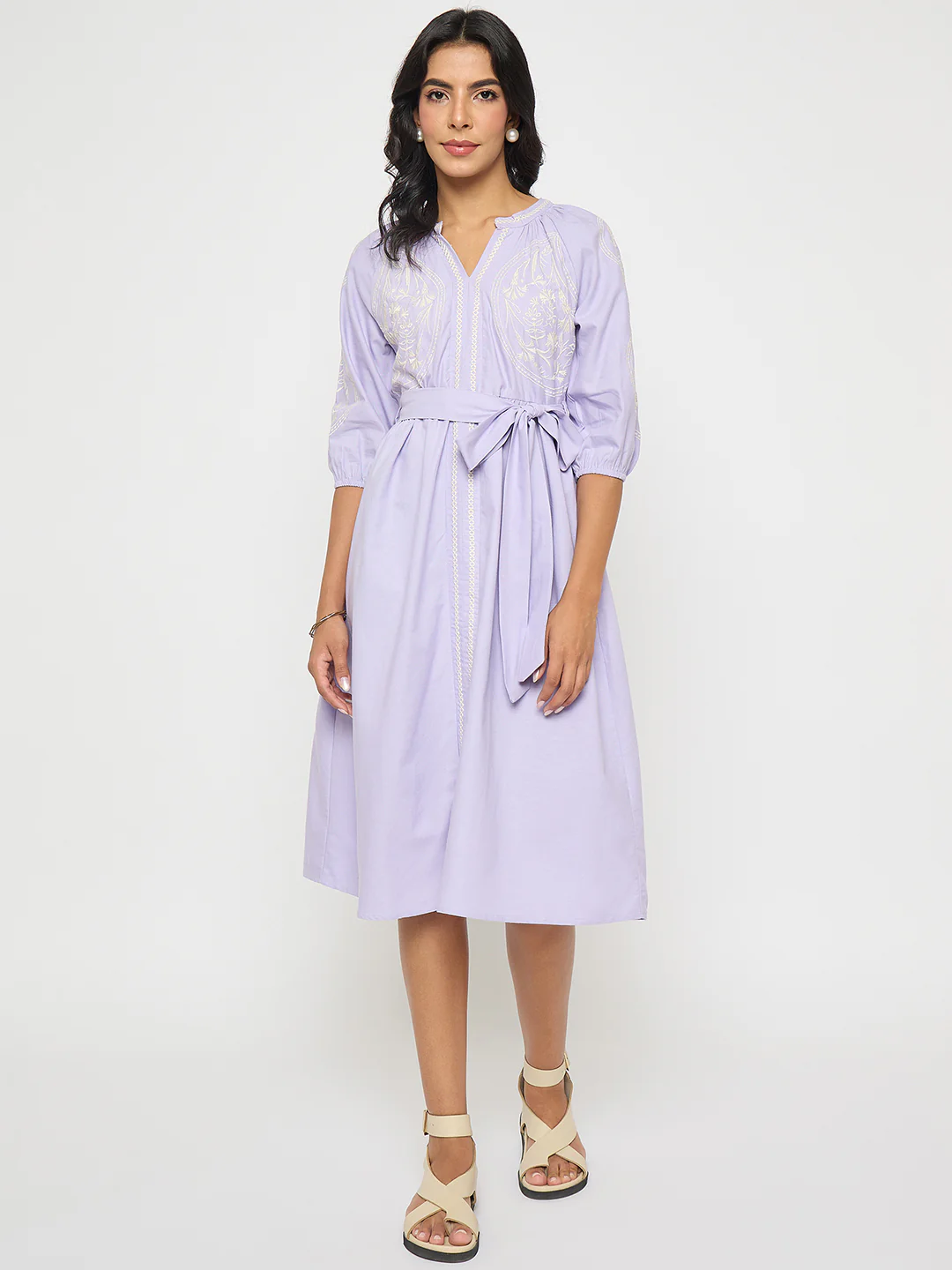 Madame Embroidered Belted A Line Midi Mauve Dress - Image 3