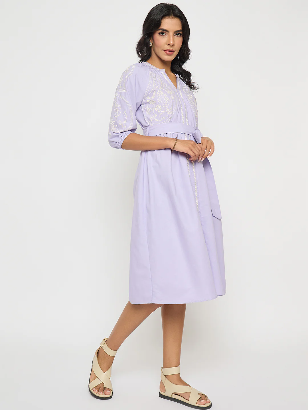 Madame Embroidered Belted A Line Midi Mauve Dress - Image 4