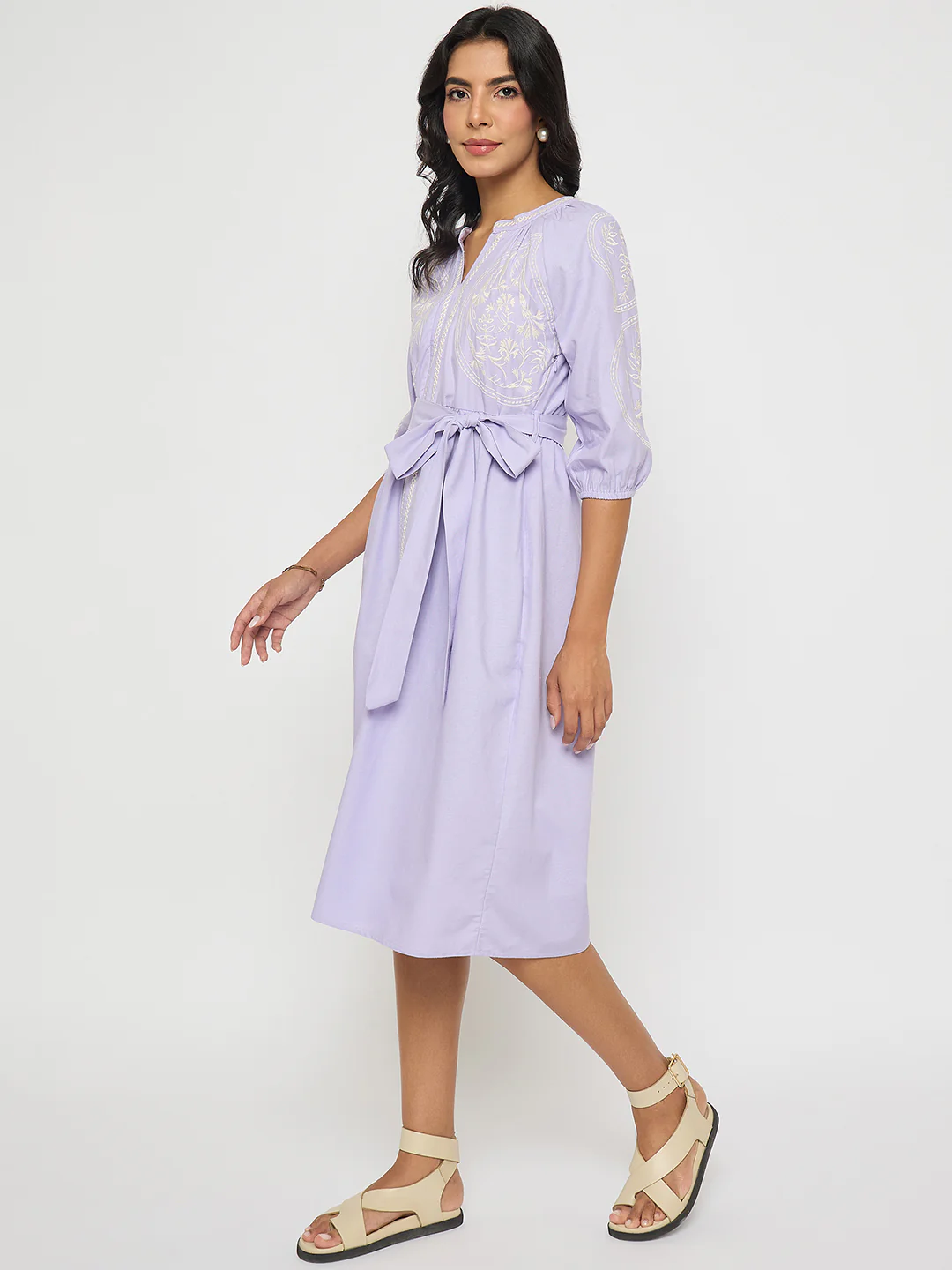 Madame Embroidered Belted A Line Midi Mauve Dress - Image 5