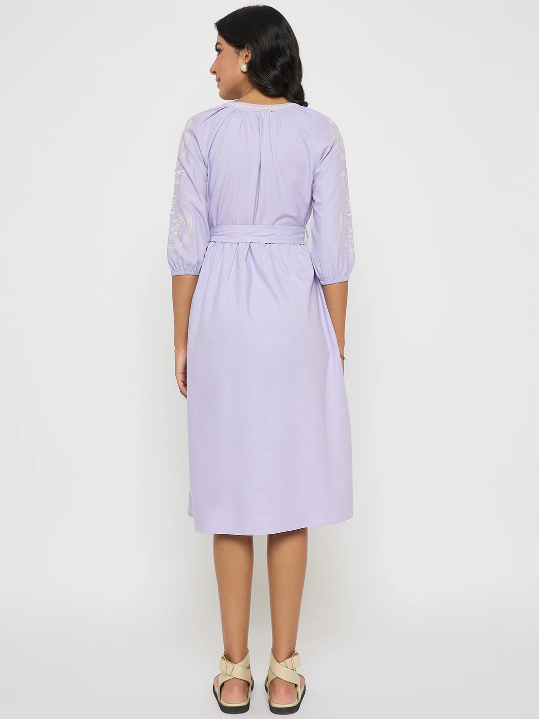 Madame Embroidered Belted A Line Midi Mauve Dress - Image 6
