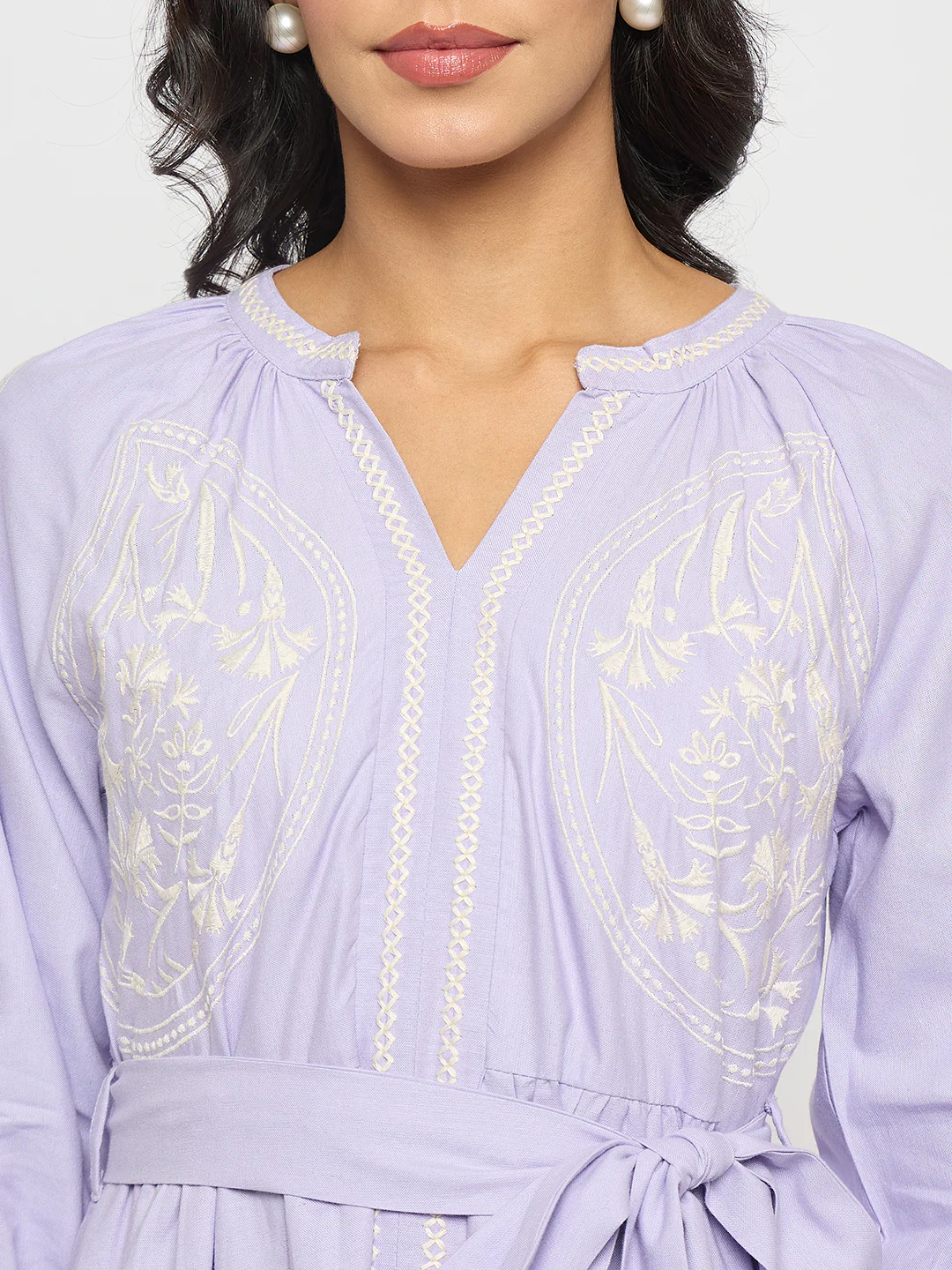 Madame Embroidered Belted A Line Midi Mauve Dress - Image 7