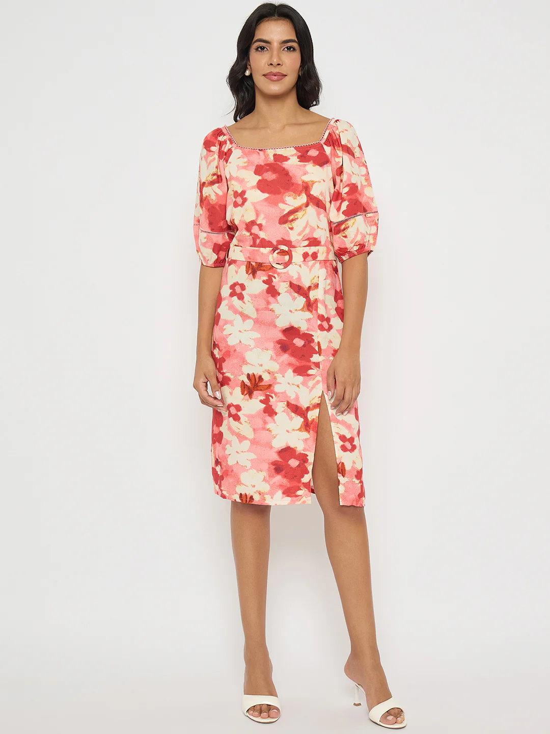 Madame Floral Print Ruched Bodycon Coral Dress - Image 3