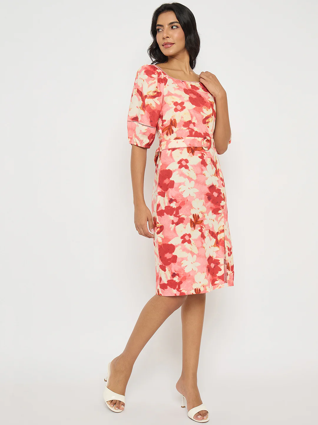Madame Floral Print Ruched Bodycon Coral Dress - Image 4