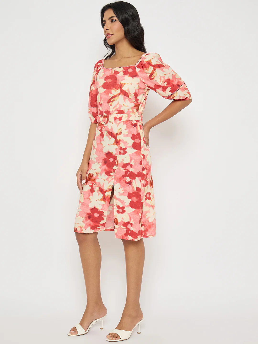 Madame Floral Print Ruched Bodycon Coral Dress - Image 5