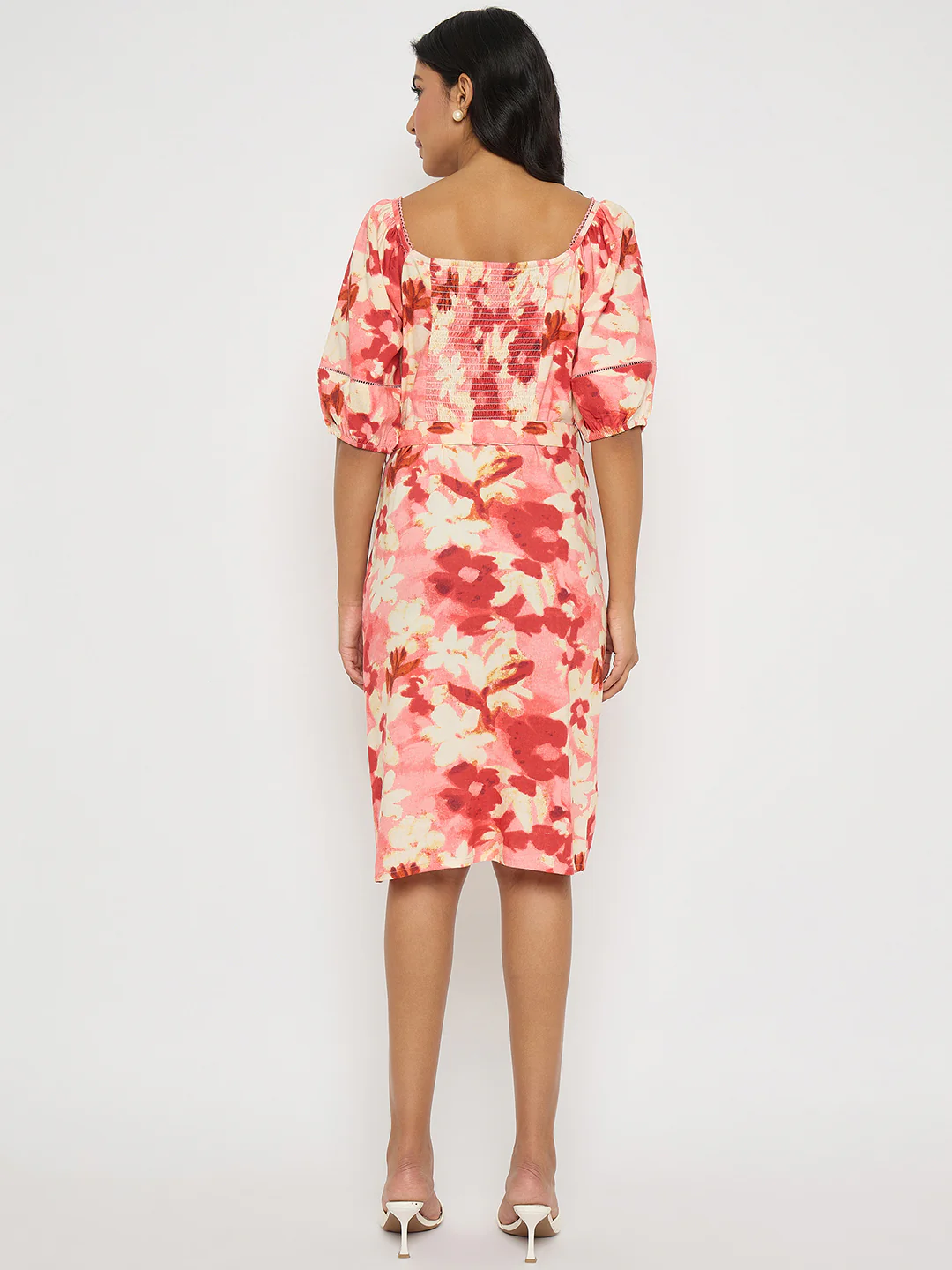 Madame Floral Print Ruched Bodycon Coral Dress - Image 6