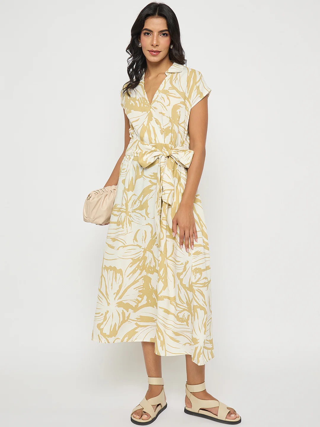 Madame Belted Fit and Flare Beige Wrap Dress