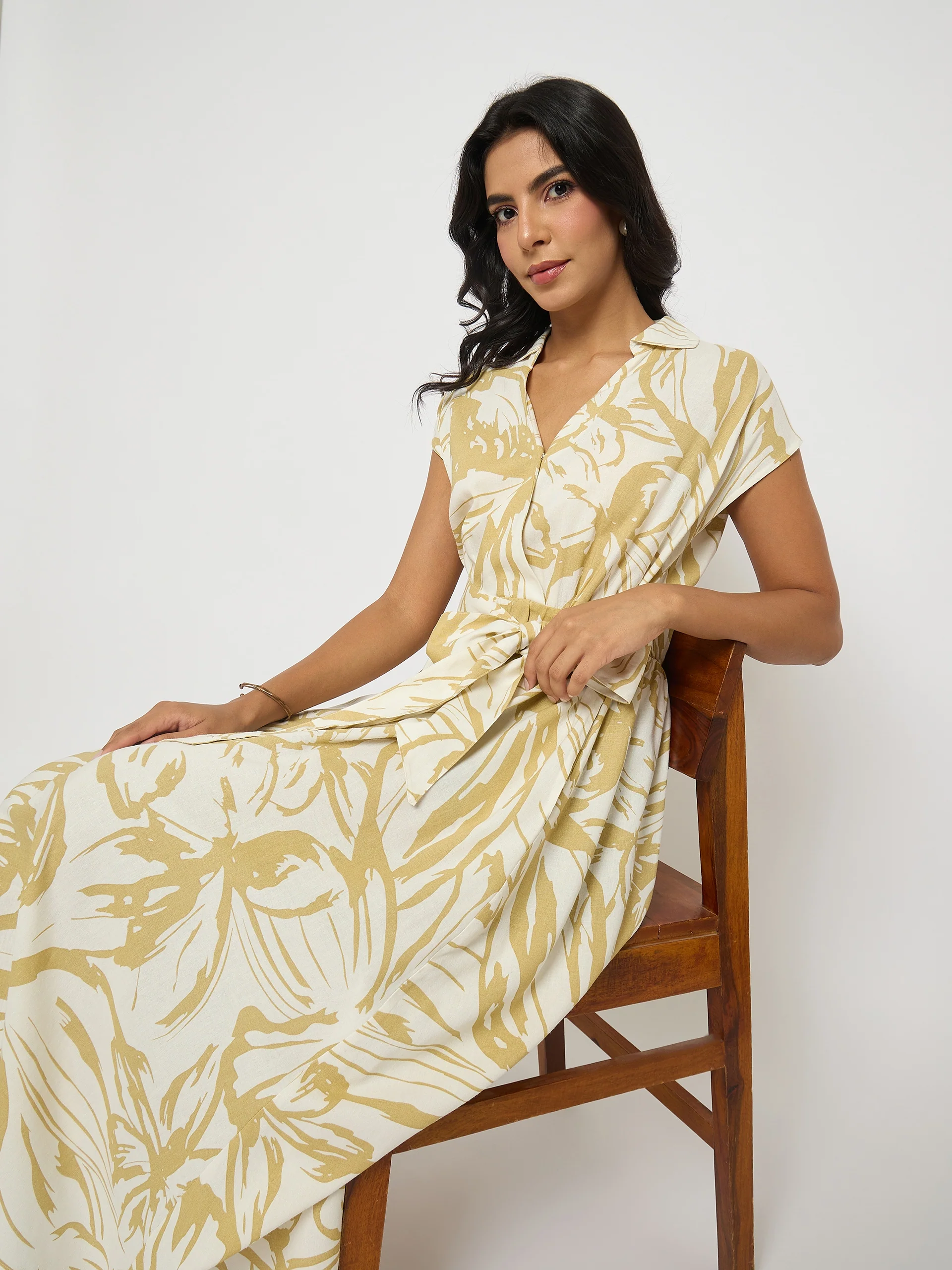 Madame Belted Fit and Flare Beige Wrap Dress - Image 2