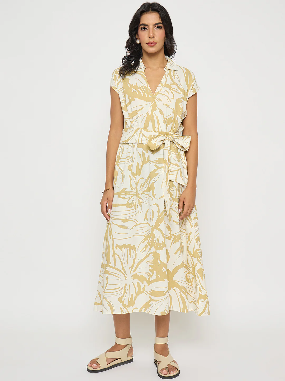 Madame Belted Fit and Flare Beige Wrap Dress - Image 3