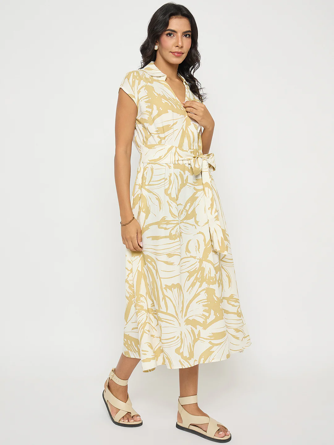 Madame Belted Fit and Flare Beige Wrap Dress - Image 4