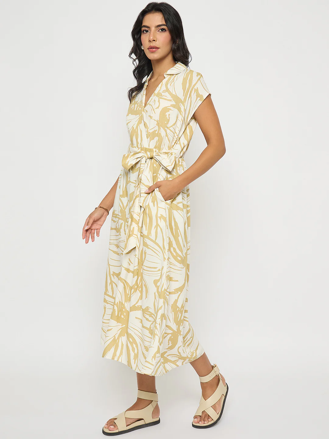 Madame Belted Fit and Flare Beige Wrap Dress - Image 5