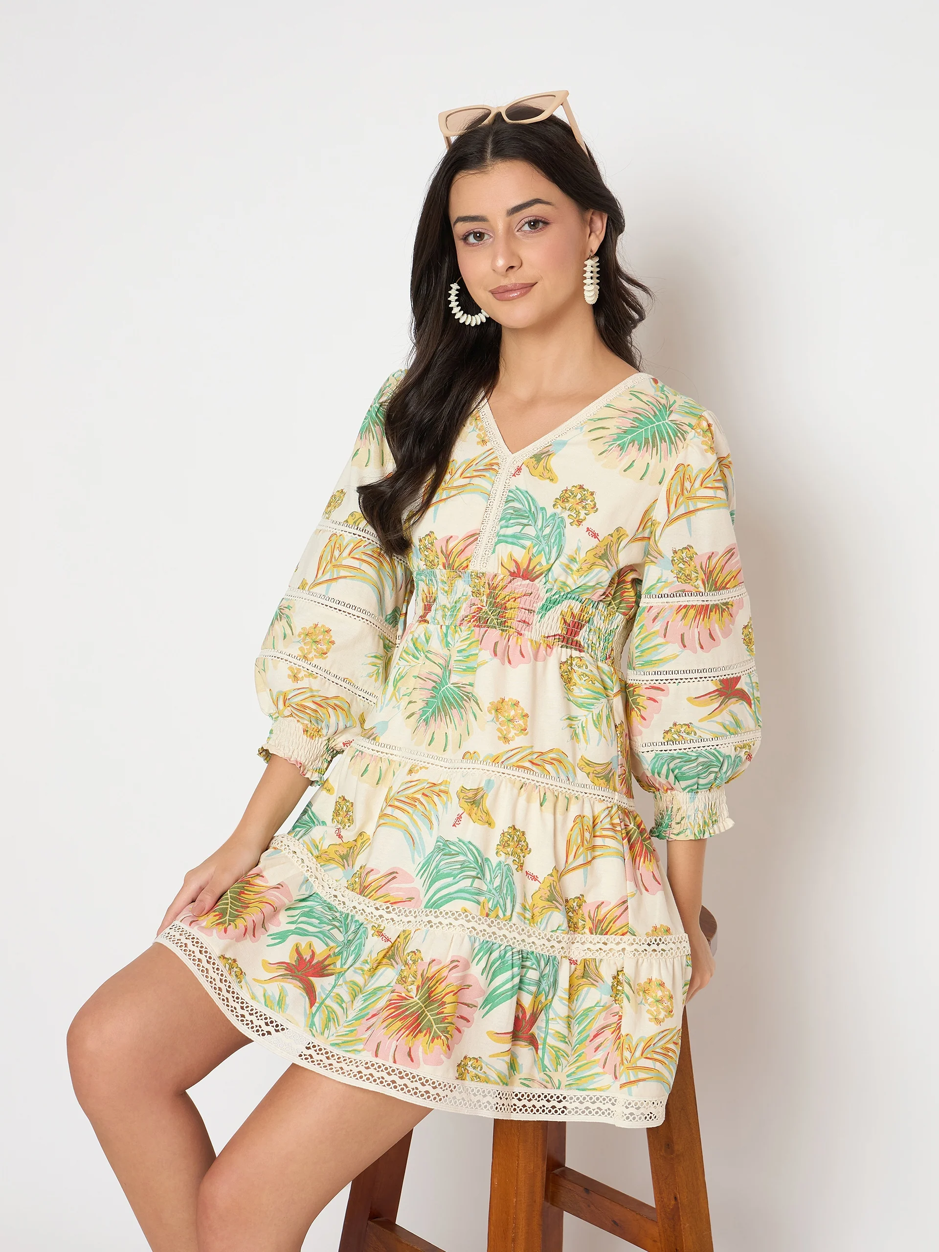 Madame Floral Print Tiered Off White Mini Dress - Image 2