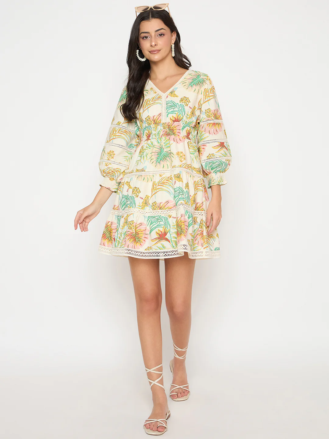 Madame Floral Print Tiered Off White Mini Dress - Image 3